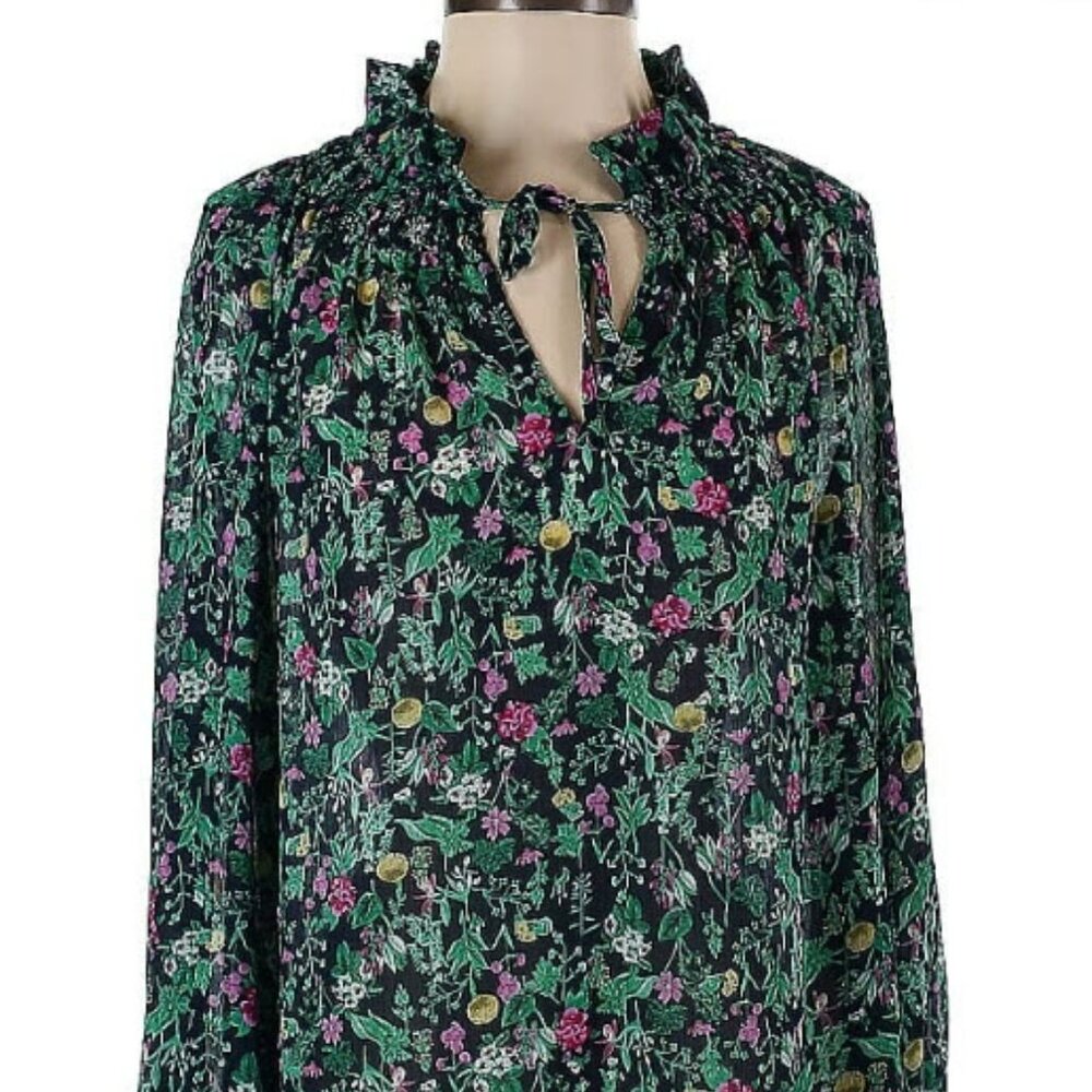 J.Crew Floral Sheer Blouse with Ruched Neckline, Size L